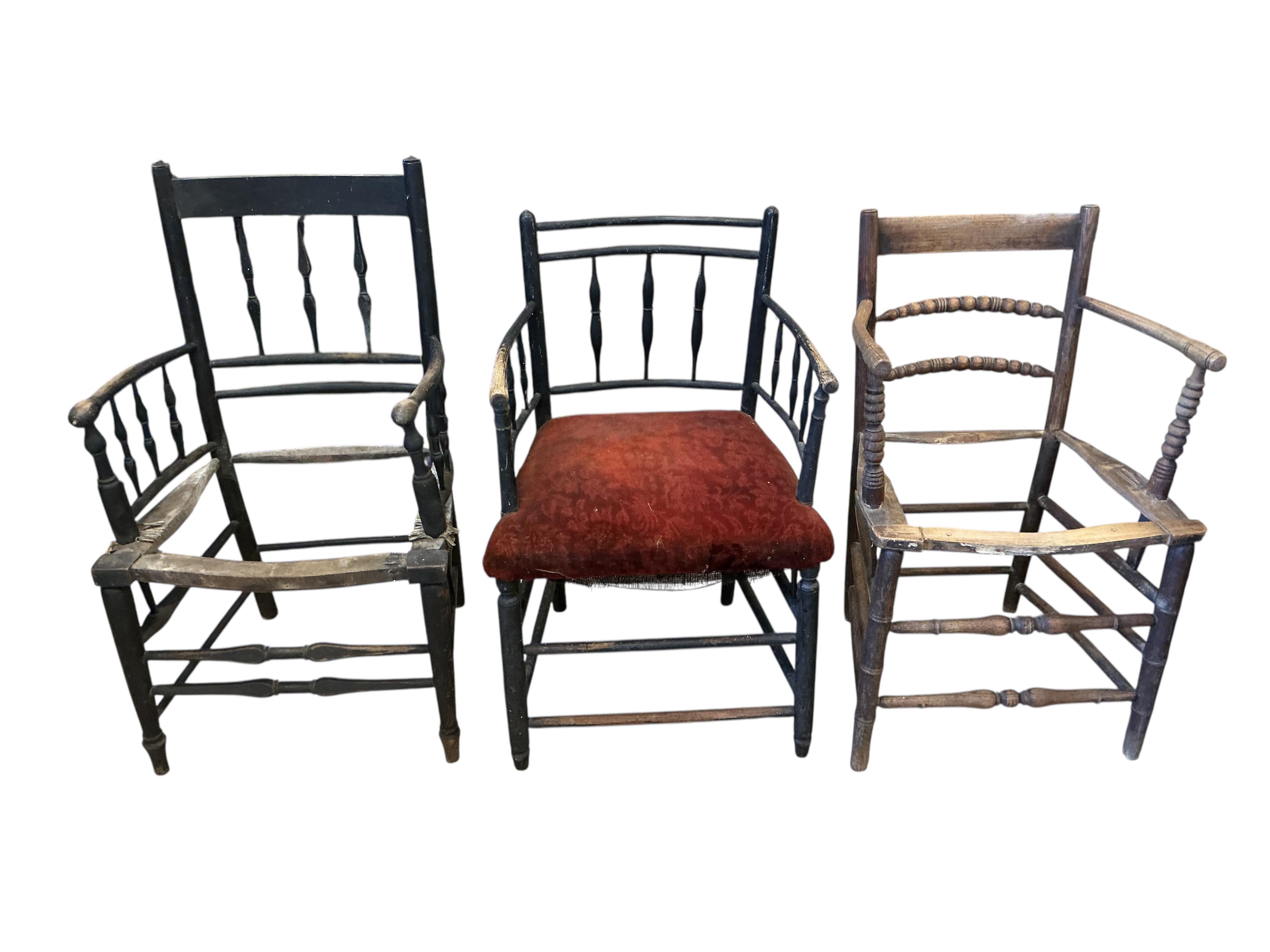 Six 19th century and later Sussex elbow chairs, in need of restoration